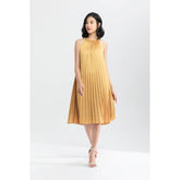 Silk Pleated Halter Midi Dress with High Neckline and Flowing A-Line Silhouette